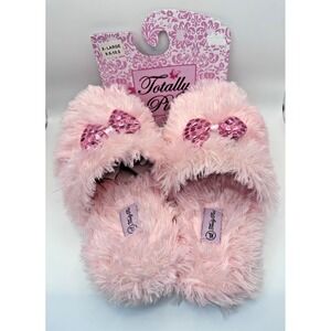 Women's Pink Fuzzy Slippers XL Sequin Bow Totally Pink